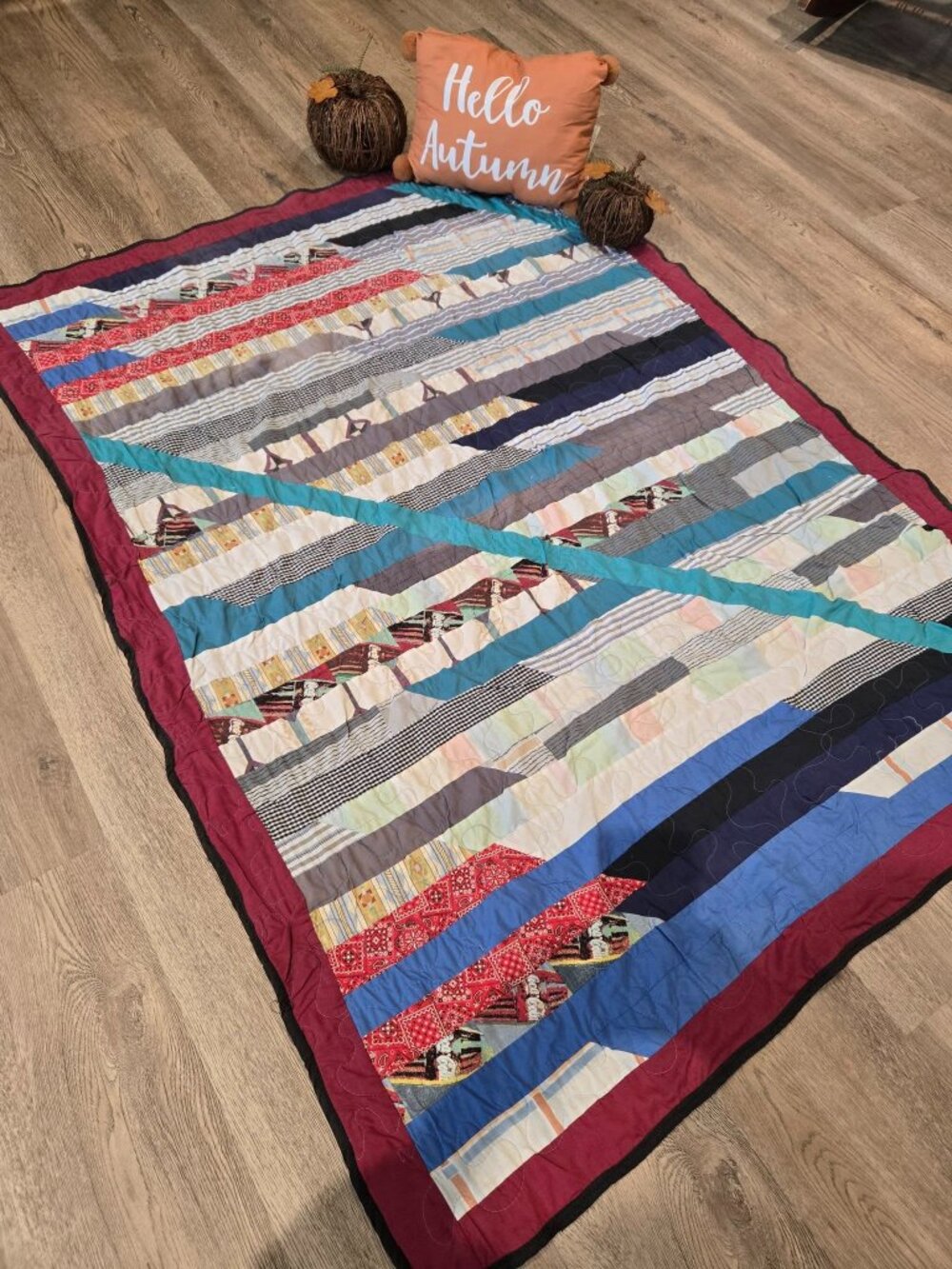 ❤ handmade vintage rag/strip quilt/blanket with soft grey material backing